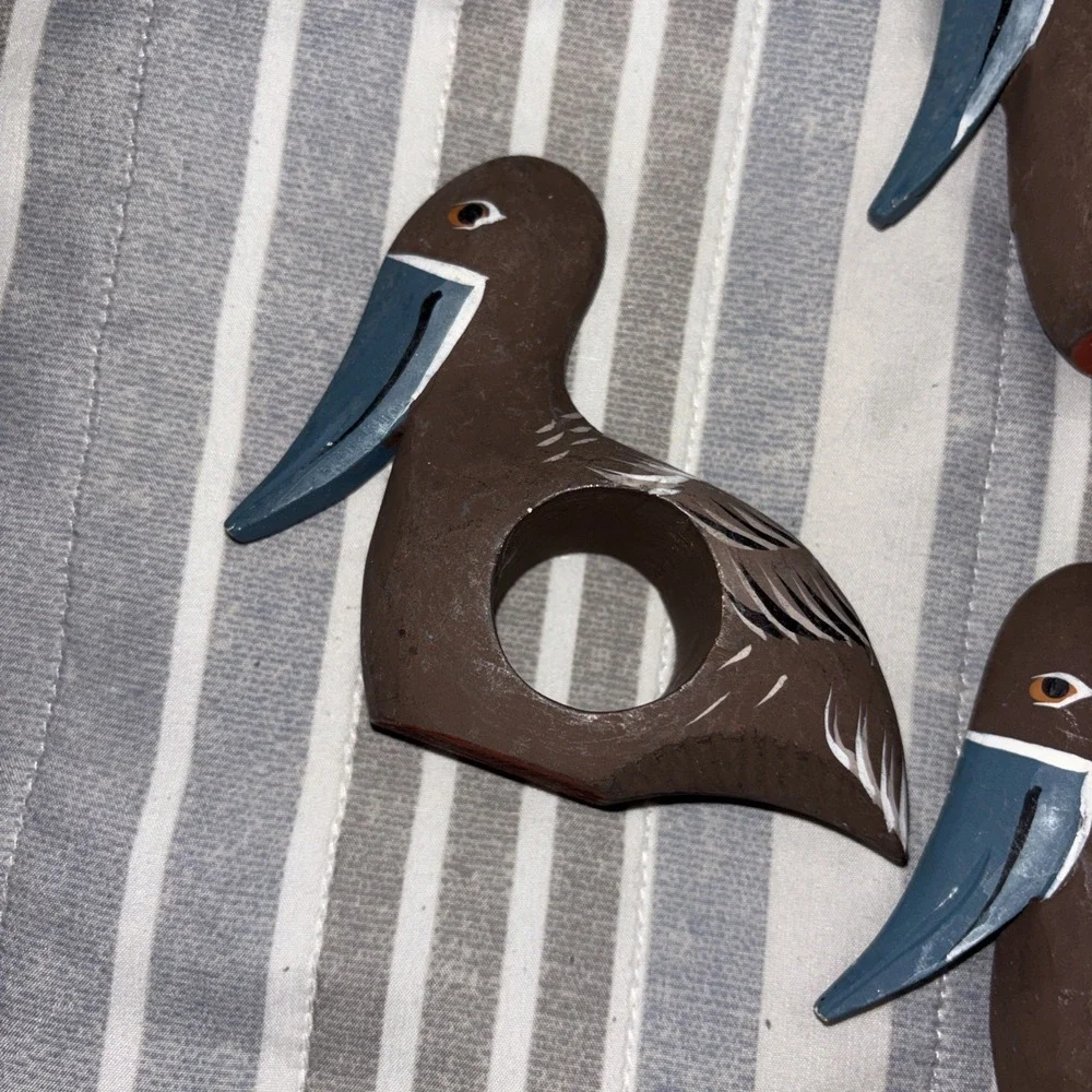 6 Pelican Napkin Ring Holders Wood Hand Carved Beach Bird Coastal Nautical